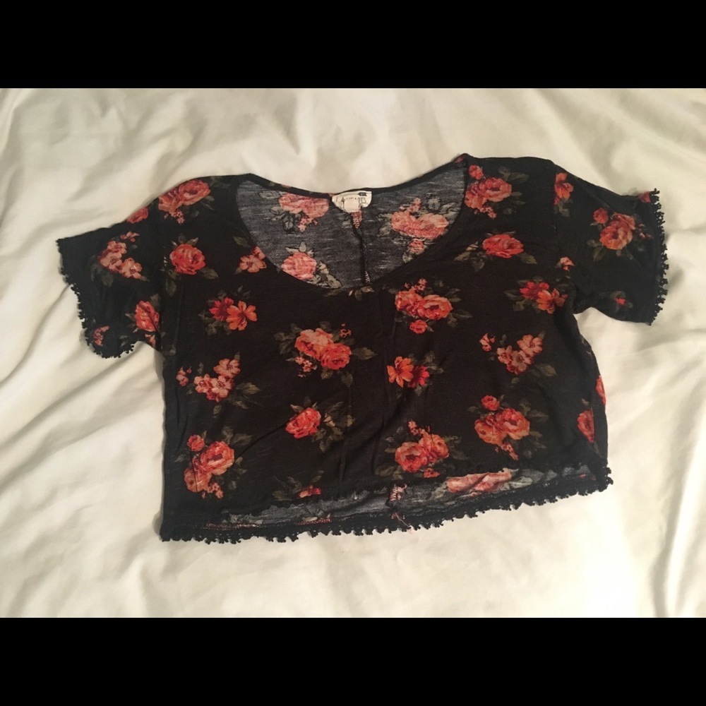 LA Hearts red and black floral crop top lace edge